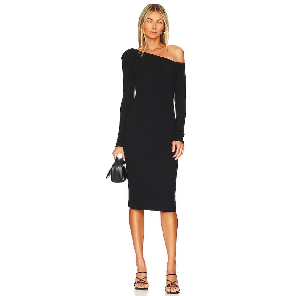 Enza Costa Sweater Knit Slouch Shoulder Dress S Black Long Sleeve Minimalist